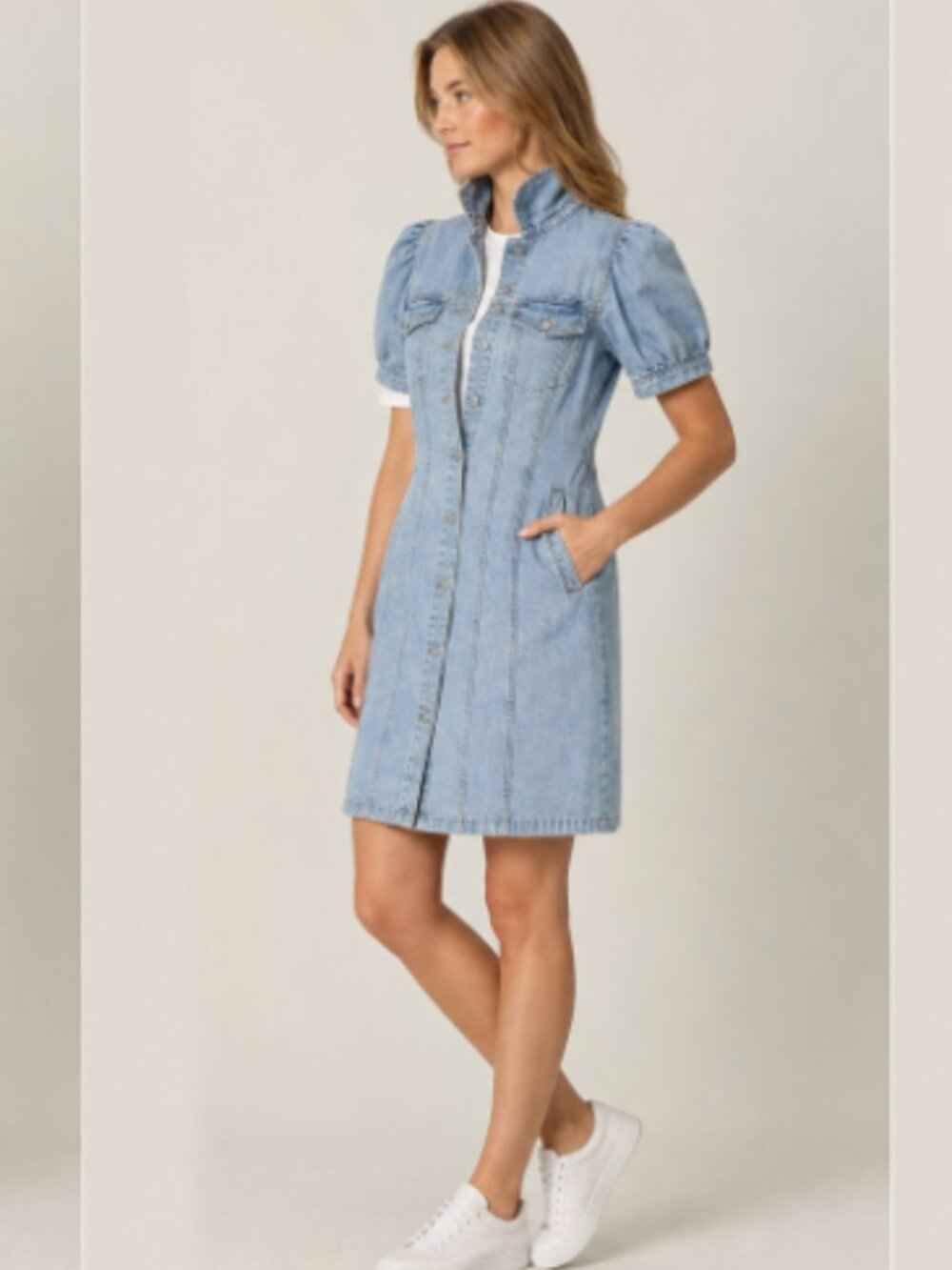 light blue Nanasalon puff sleeve denim dress